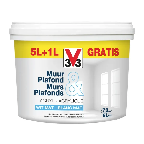 Peinture murs et plafonds V33 promopack acrylique blanc mat 5L+1L